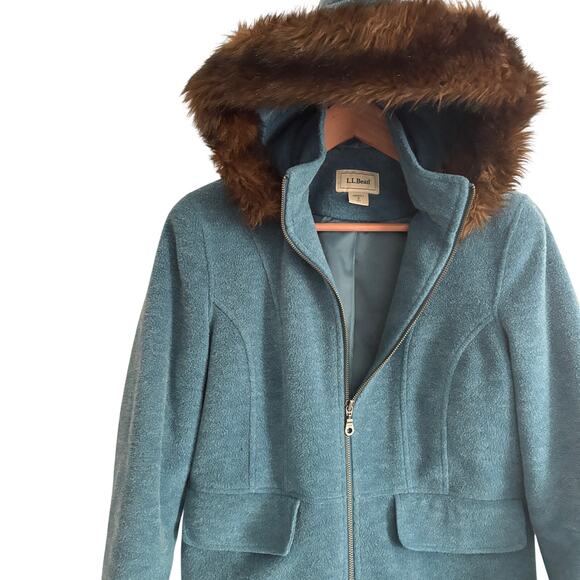 LL Bean Wool Hooded Coat S SP PS Blue Jacket Faux Fur Prep Old Money L.L. Bean - Picture 6 of 6